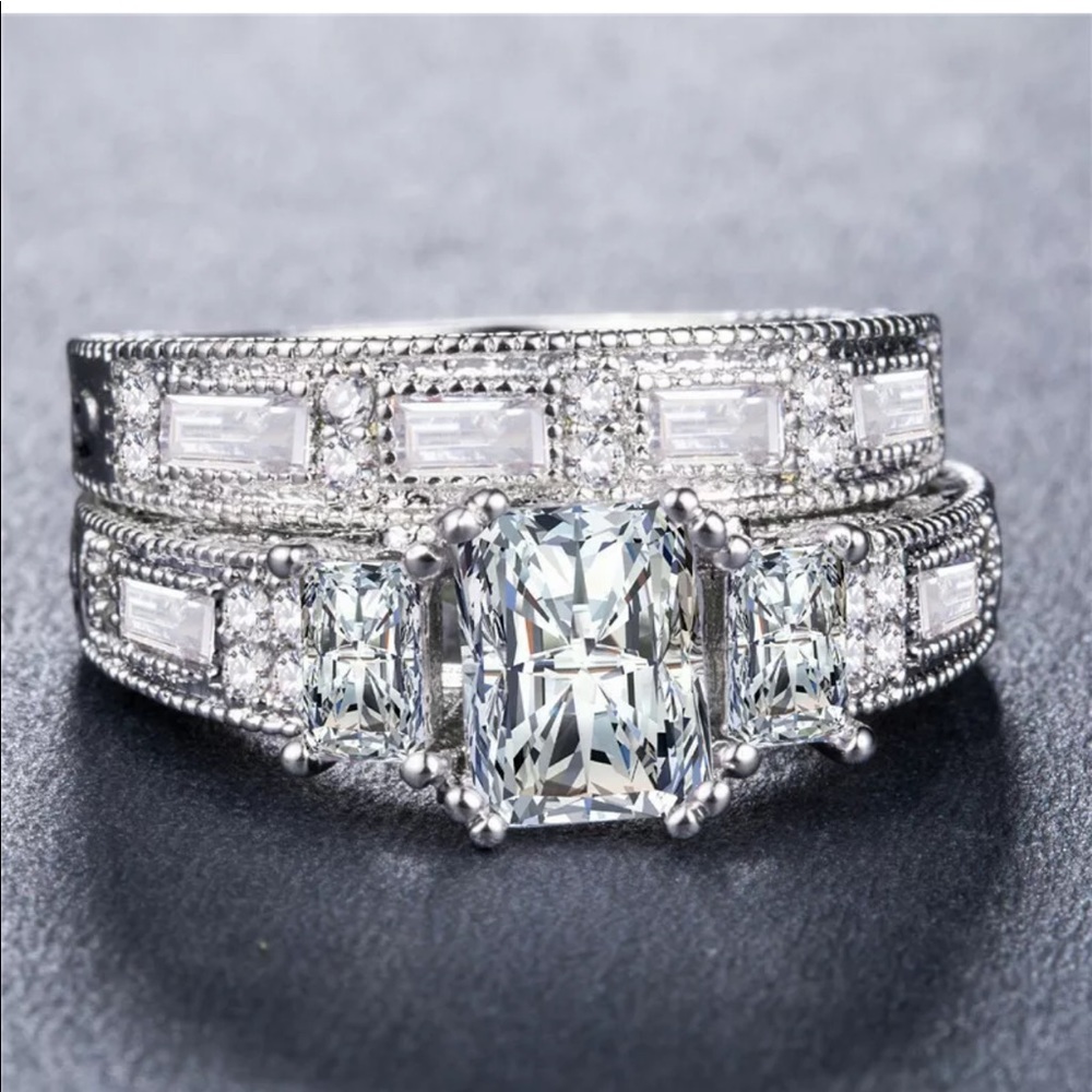 New 925 Silver 2pcs Set Emerald Cut Zircon Ring - Picture 4 of 5